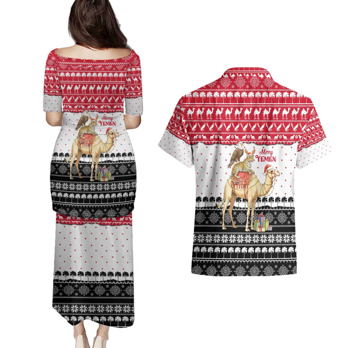 Yemen Christmas Couples Matching Puletasi and Hawaiian Shirt with Camel Leopard Falcon Red Black White Snowflake - Wonder Print Shop