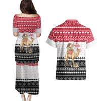 Yemen Christmas Couples Matching Puletasi and Hawaiian Shirt with Camel Leopard Falcon Red Black White Snowflake - Wonder Print Shop