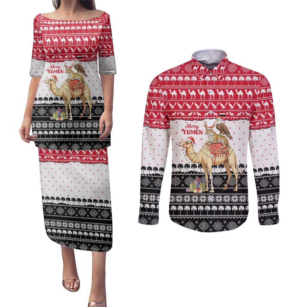 Yemen Christmas Couples Matching Puletasi and Long Sleeve Button Shirt with Camel Leopard Falcon Red Black White Snowflake - Wonder Print Shop