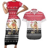 Yemen Christmas Couples Matching Short Sleeve Bodycon Dress and Hawaiian Shirt with Camel Leopard Falcon Red Black White Snowflake - Wonder Print Shop