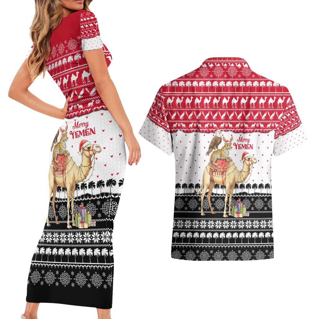Yemen Christmas Couples Matching Short Sleeve Bodycon Dress and Hawaiian Shirt with Camel Leopard Falcon Red Black White Snowflake - Wonder Print Shop