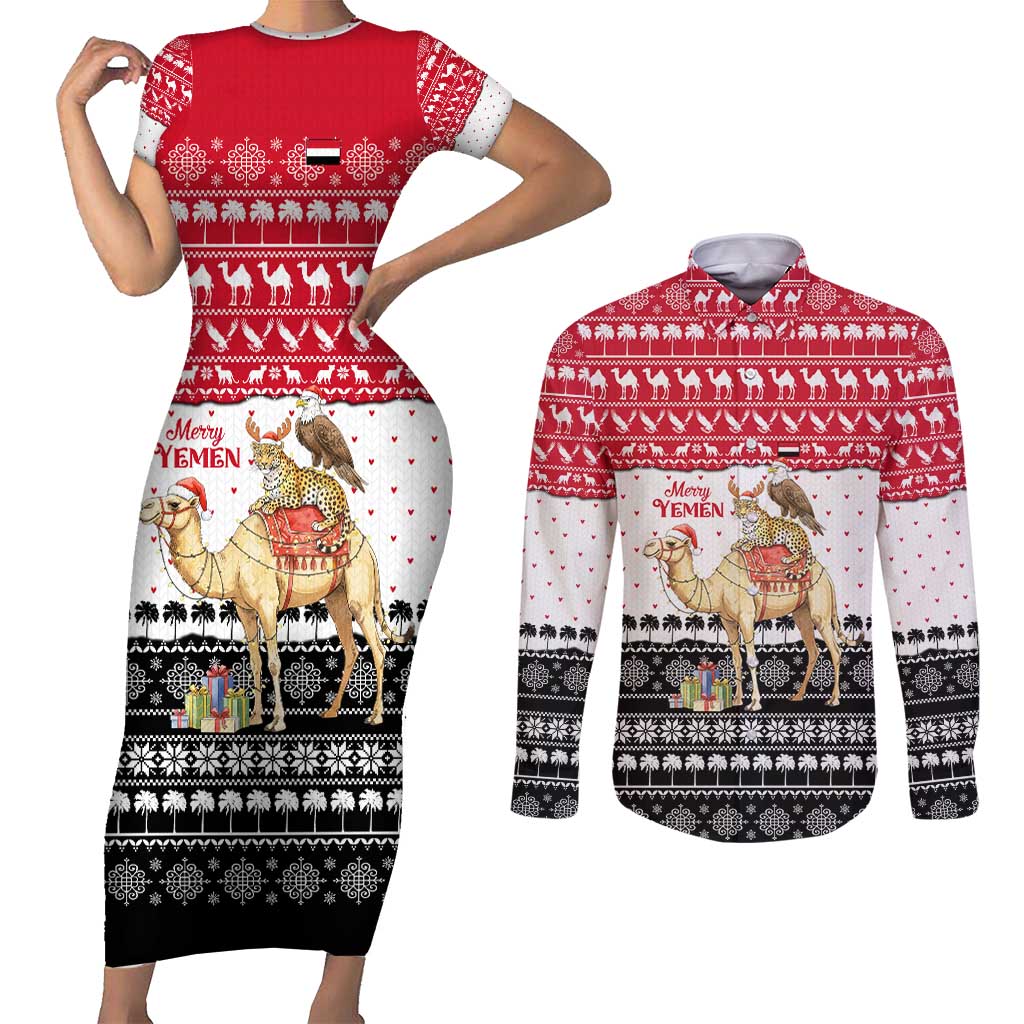 Yemen Christmas Couples Matching Short Sleeve Bodycon Dress and Long Sleeve Button Shirt with Camel Leopard Falcon Red Black White Snowflake - Wonder Print Shop