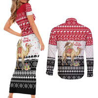 Yemen Christmas Couples Matching Short Sleeve Bodycon Dress and Long Sleeve Button Shirt with Camel Leopard Falcon Red Black White Snowflake - Wonder Print Shop