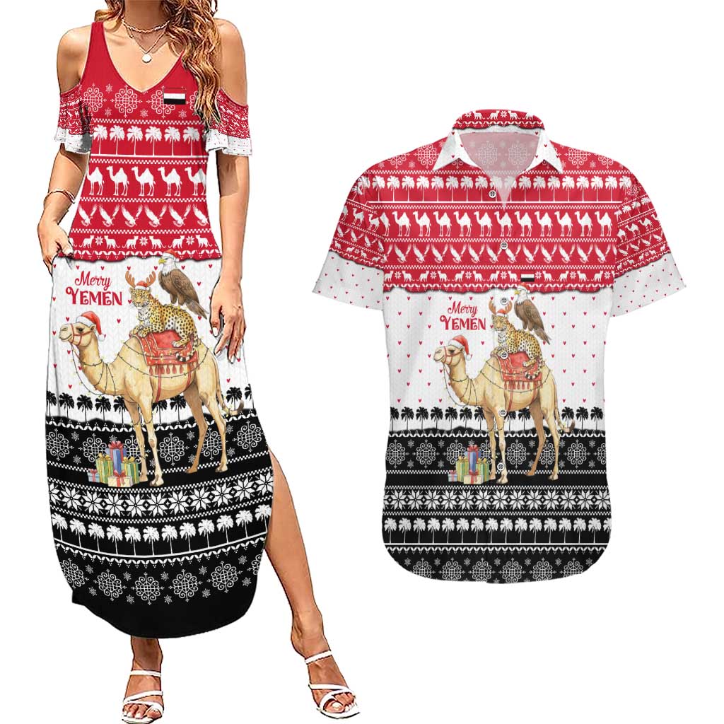 Yemen Christmas Couples Matching Summer Maxi Dress and Hawaiian Shirt with Camel Leopard Falcon Red Black White Snowflake - Wonder Print Shop