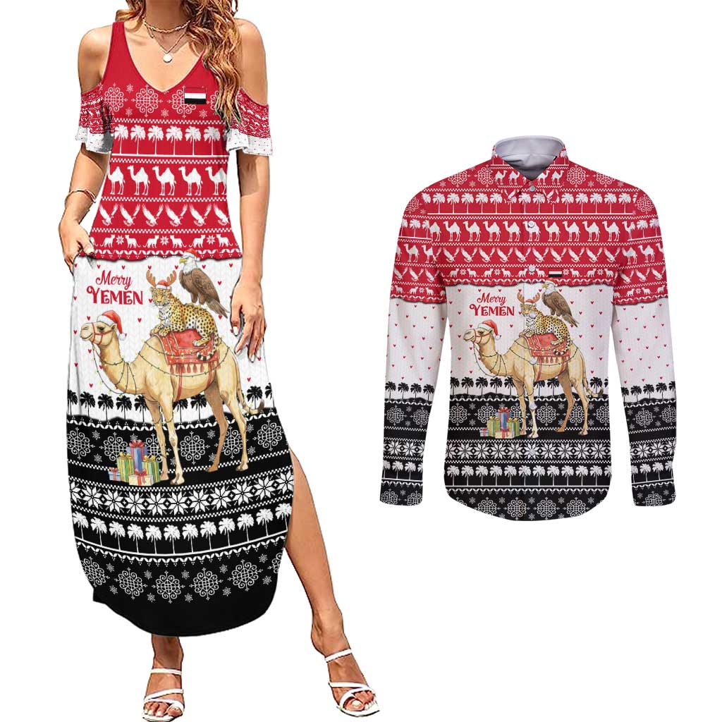 Yemen Christmas Couples Matching Summer Maxi Dress and Long Sleeve Button Shirt with Camel Leopard Falcon Red Black White Snowflake - Wonder Print Shop