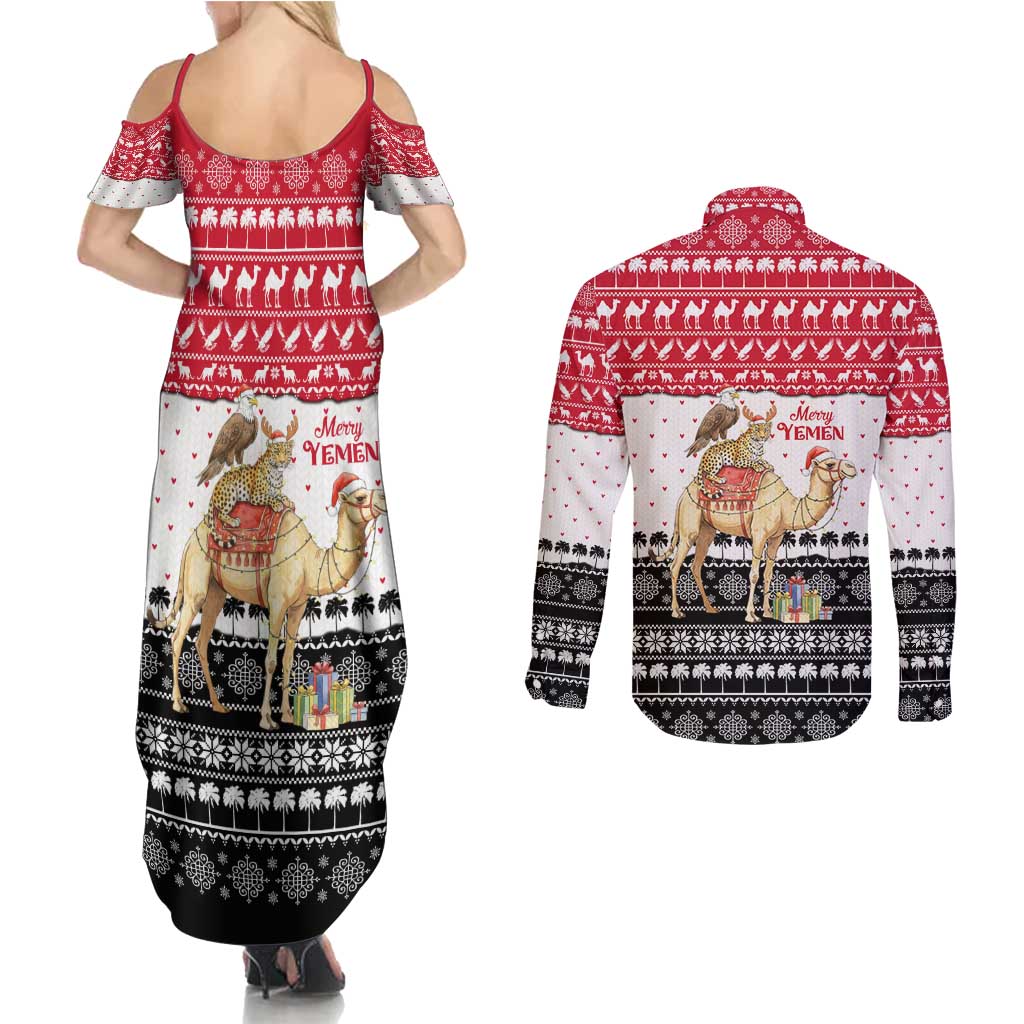 Yemen Christmas Couples Matching Summer Maxi Dress and Long Sleeve Button Shirt with Camel Leopard Falcon Red Black White Snowflake - Wonder Print Shop