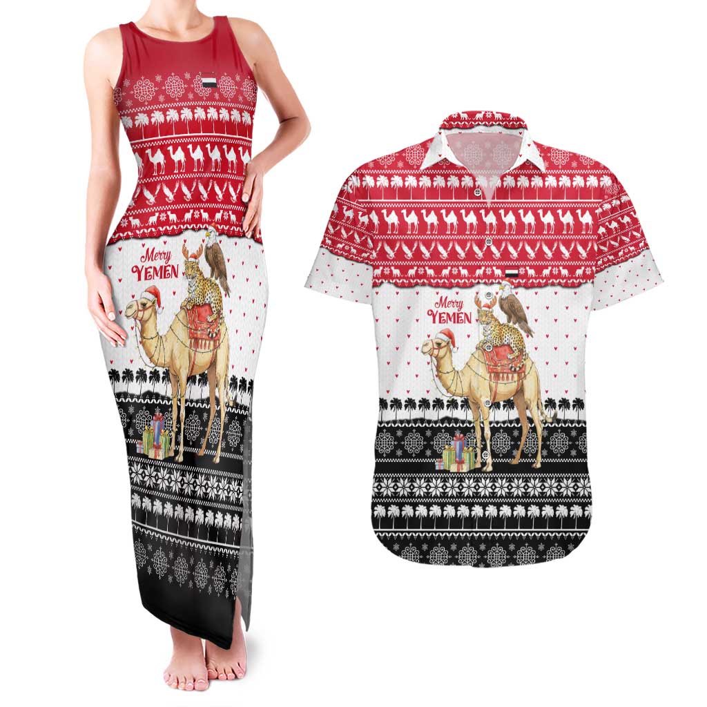 Yemen Christmas Couples Matching Tank Maxi Dress and Hawaiian Shirt with Camel Leopard Falcon Red Black White Snowflake - Wonder Print Shop