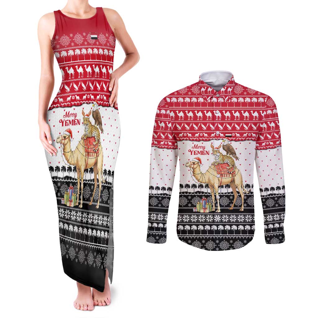 Yemen Christmas Couples Matching Tank Maxi Dress and Long Sleeve Button Shirt with Camel Leopard Falcon Red Black White Snowflake - Wonder Print Shop