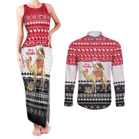 Yemen Christmas Couples Matching Tank Maxi Dress and Long Sleeve Button Shirt with Camel Leopard Falcon Red Black White Snowflake - Wonder Print Shop