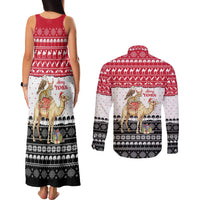 Yemen Christmas Couples Matching Tank Maxi Dress and Long Sleeve Button Shirt with Camel Leopard Falcon Red Black White Snowflake - Wonder Print Shop
