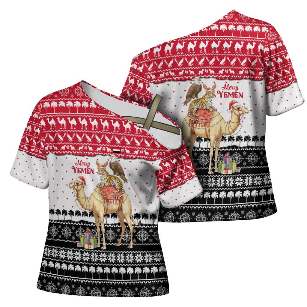 Yemen Christmas Cross Shoulder Shirt with Camel Leopard Falcon Red Black White Snowflake - Wonder Print Shop