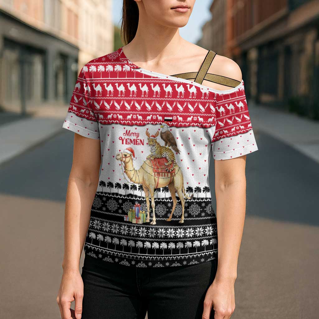Yemen Christmas Cross Shoulder Shirt with Camel Leopard Falcon Red Black White Snowflake - Wonder Print Shop