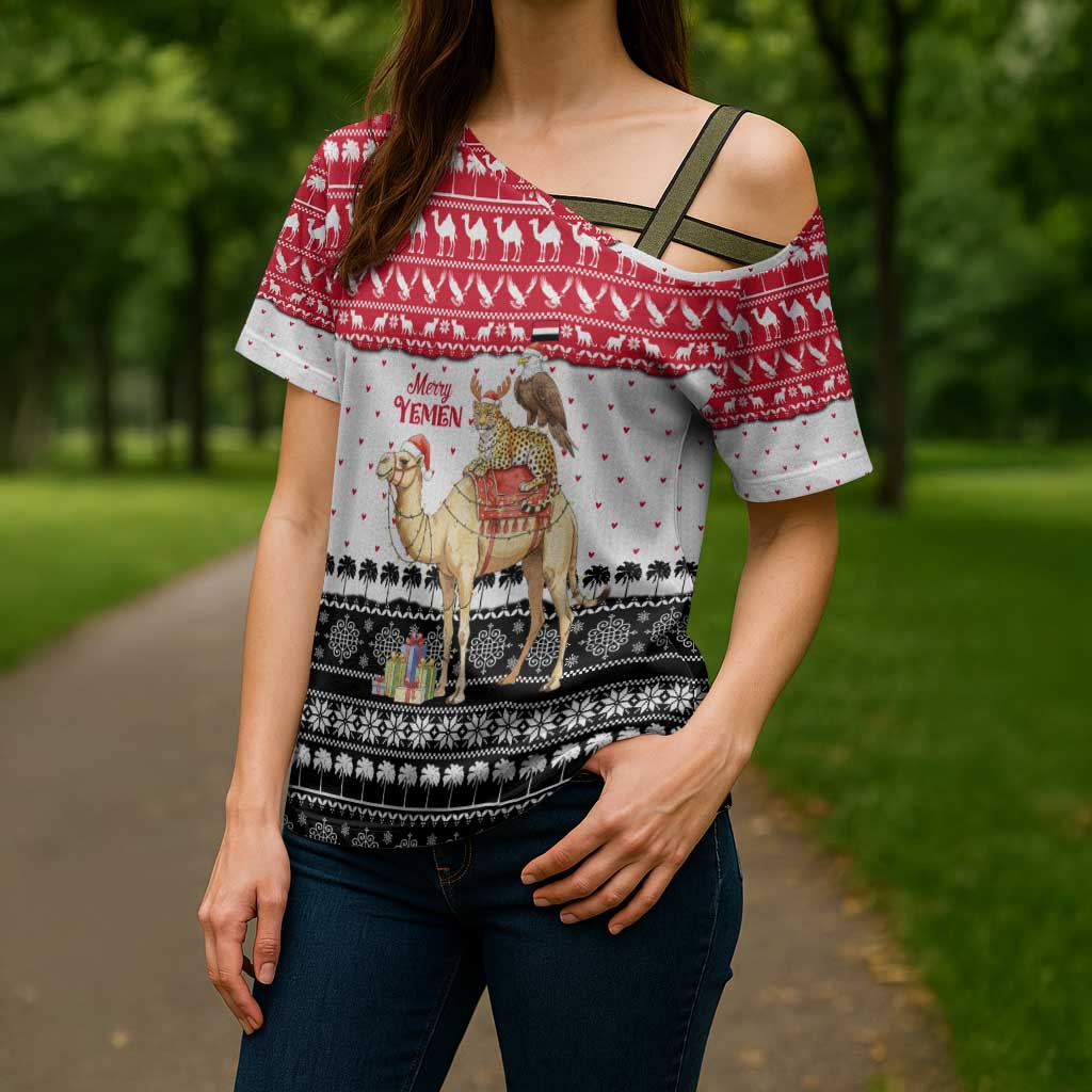 Yemen Christmas Cross Shoulder Shirt with Camel Leopard Falcon Red Black White Snowflake - Wonder Print Shop