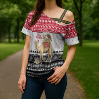 Yemen Christmas Cross Shoulder Shirt with Camel Leopard Falcon Red Black White Snowflake - Wonder Print Shop