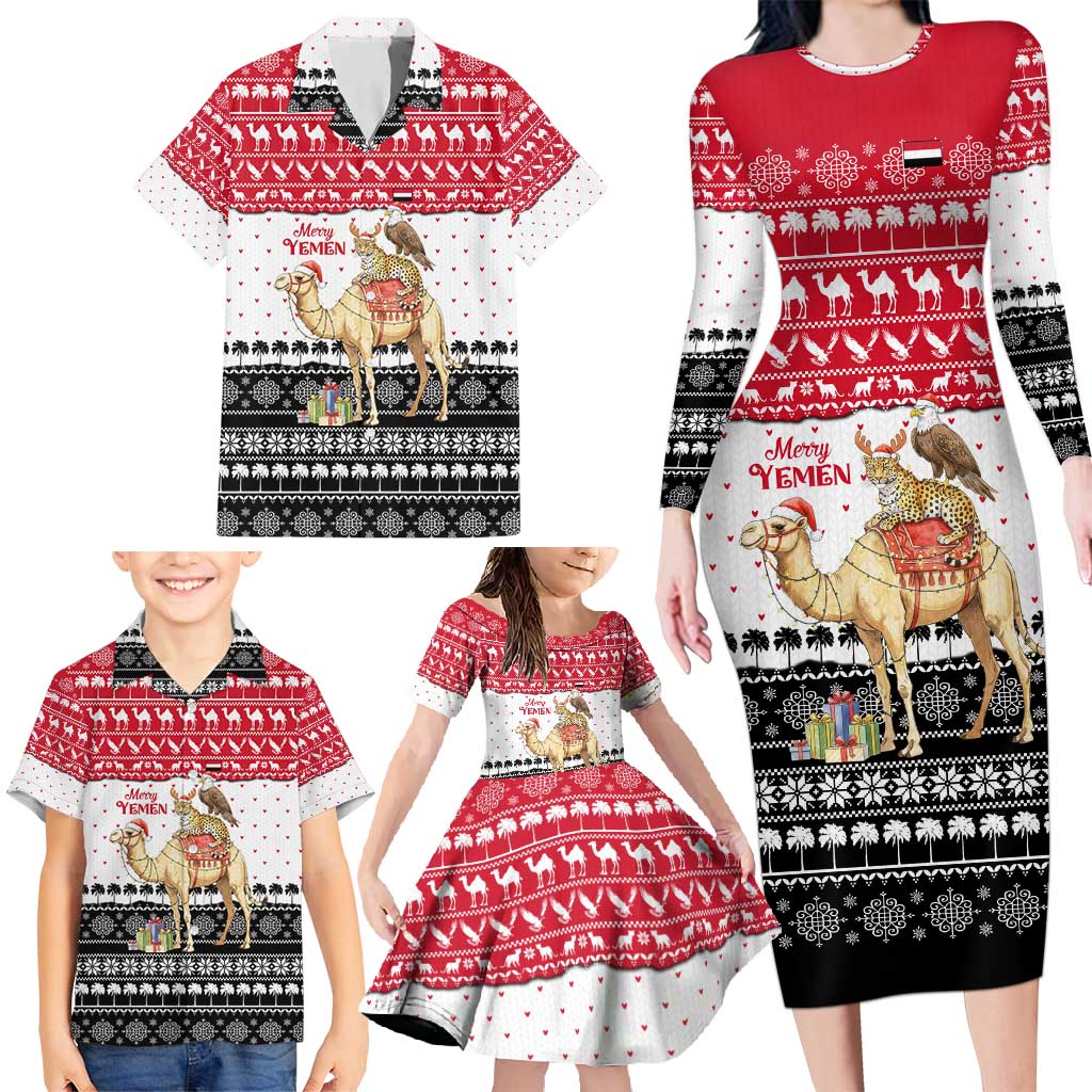 Yemen Christmas Family Matching Long Sleeve Bodycon Dress and Hawaiian Shirt with Camel Leopard Falcon Red Black White Snowflake - Wonder Print Shop