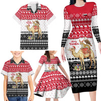 Yemen Christmas Family Matching Long Sleeve Bodycon Dress and Hawaiian Shirt with Camel Leopard Falcon Red Black White Snowflake - Wonder Print Shop