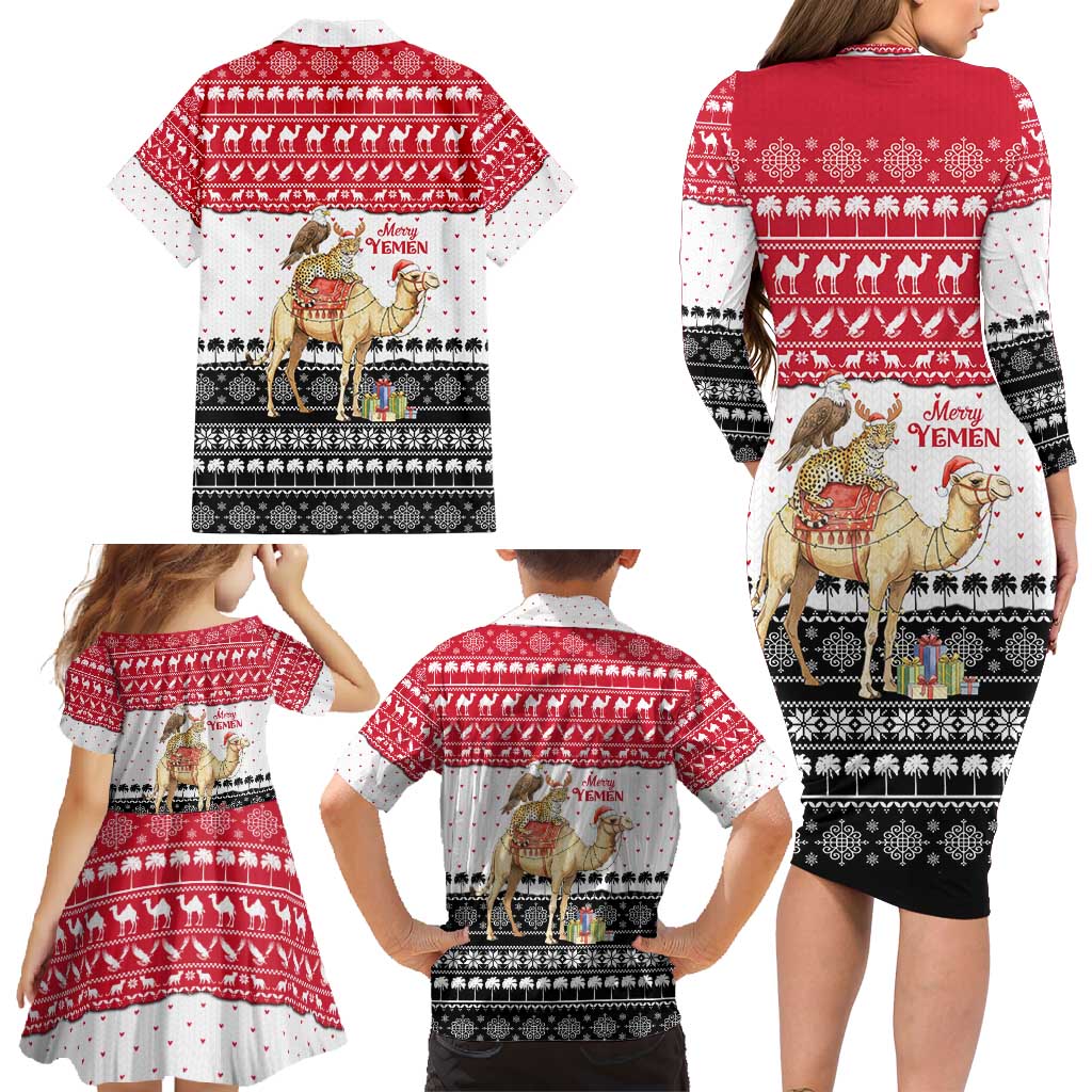 Yemen Christmas Family Matching Long Sleeve Bodycon Dress and Hawaiian Shirt with Camel Leopard Falcon Red Black White Snowflake - Wonder Print Shop