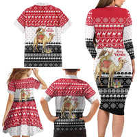 Yemen Christmas Family Matching Long Sleeve Bodycon Dress and Hawaiian Shirt with Camel Leopard Falcon Red Black White Snowflake - Wonder Print Shop