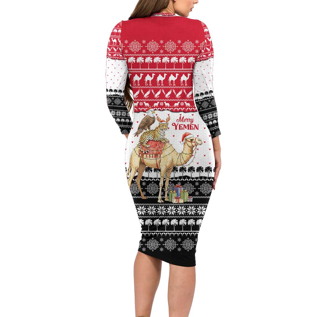 Yemen Christmas Family Matching Long Sleeve Bodycon Dress and Hawaiian Shirt with Camel Leopard Falcon Red Black White Snowflake - Wonder Print Shop
