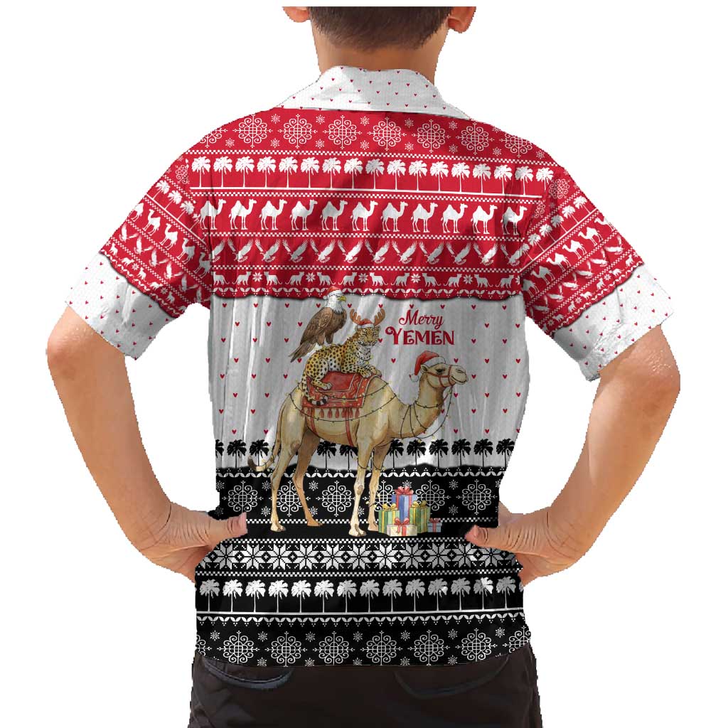 Yemen Christmas Family Matching Mermaid Dress and Hawaiian Shirt with Camel Leopard Falcon Red Black White Snowflake - Wonder Print Shop
