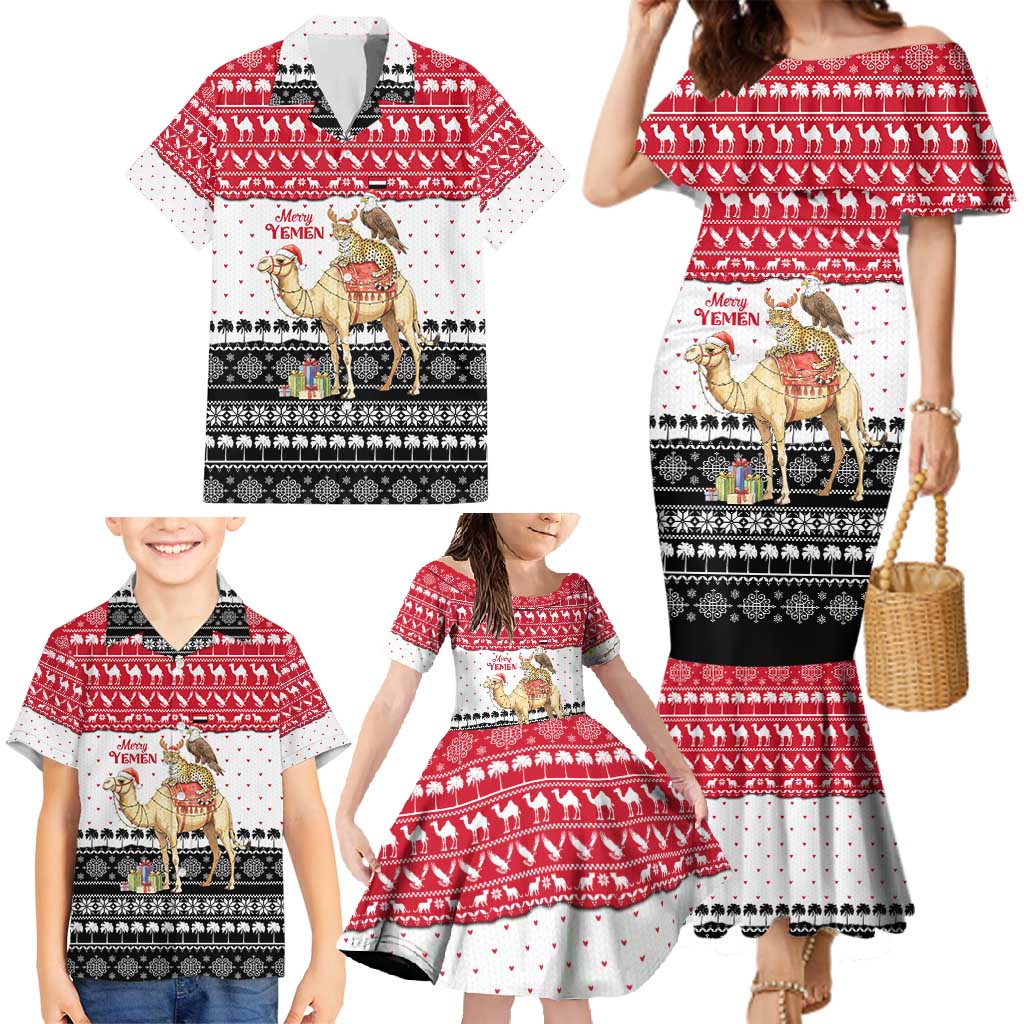 Yemen Christmas Family Matching Mermaid Dress and Hawaiian Shirt with Camel Leopard Falcon Red Black White Snowflake - Wonder Print Shop