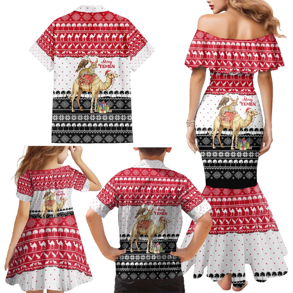 Yemen Christmas Family Matching Mermaid Dress and Hawaiian Shirt with Camel Leopard Falcon Red Black White Snowflake - Wonder Print Shop