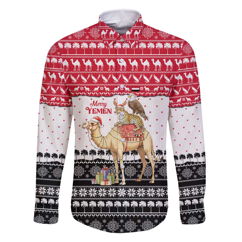 Yemen Christmas Family Matching Mermaid Dress and Hawaiian Shirt with Camel Leopard Falcon Red Black White Snowflake - Wonder Print Shop