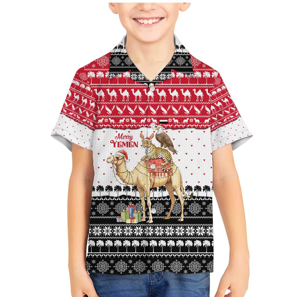 Yemen Christmas Family Matching Mermaid Dress and Hawaiian Shirt with Camel Leopard Falcon Red Black White Snowflake - Wonder Print Shop