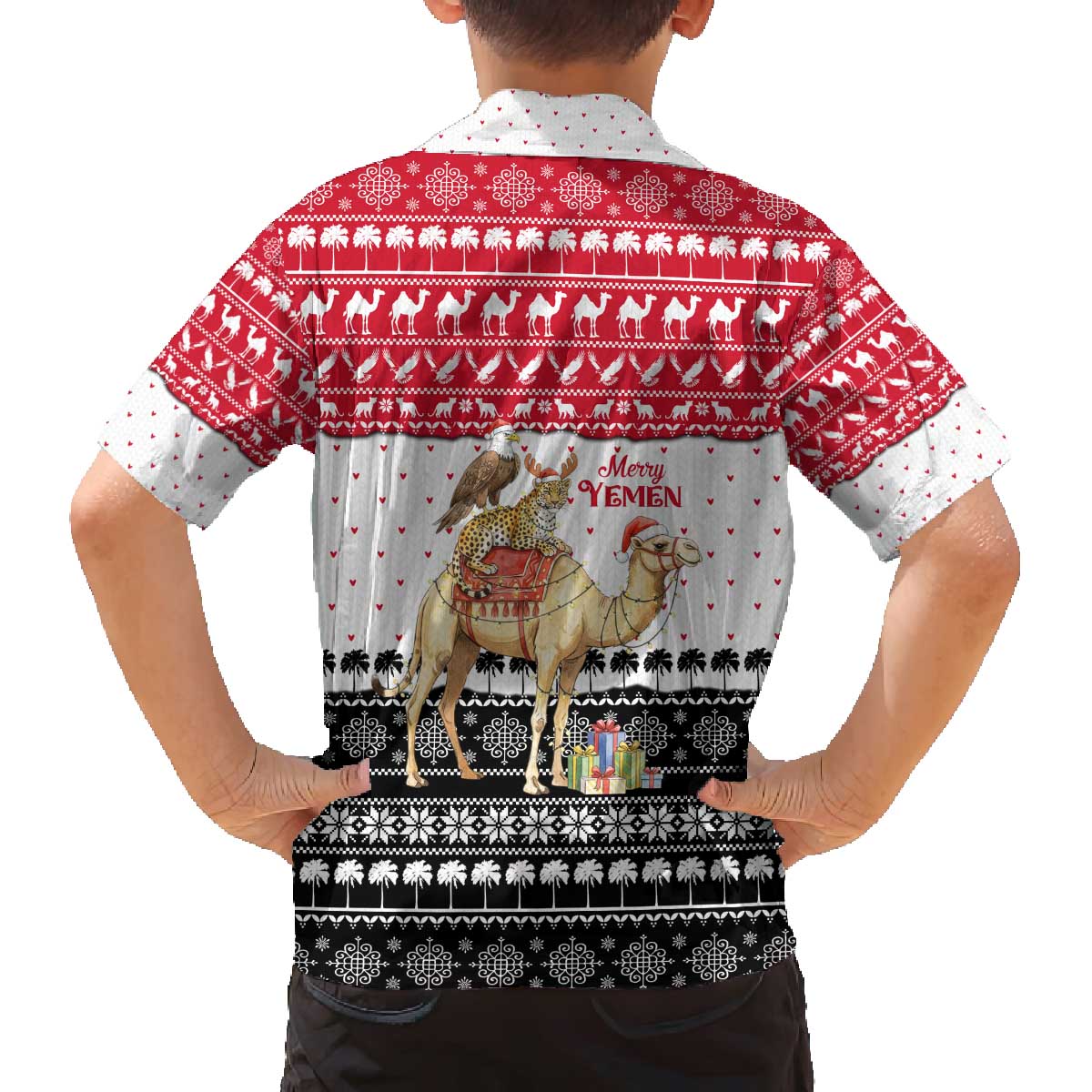 Yemen Christmas Family Matching Off The Shoulder Long Sleeve Dress and Hawaiian Shirt with Camel Leopard Falcon Red Black White Snowflake - Wonder Print Shop