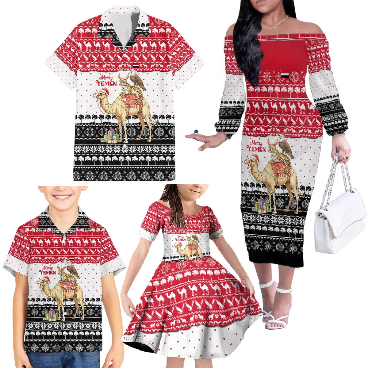 Yemen Christmas Family Matching Off The Shoulder Long Sleeve Dress and Hawaiian Shirt with Camel Leopard Falcon Red Black White Snowflake - Wonder Print Shop