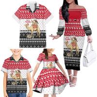 Yemen Christmas Family Matching Off The Shoulder Long Sleeve Dress and Hawaiian Shirt with Camel Leopard Falcon Red Black White Snowflake - Wonder Print Shop