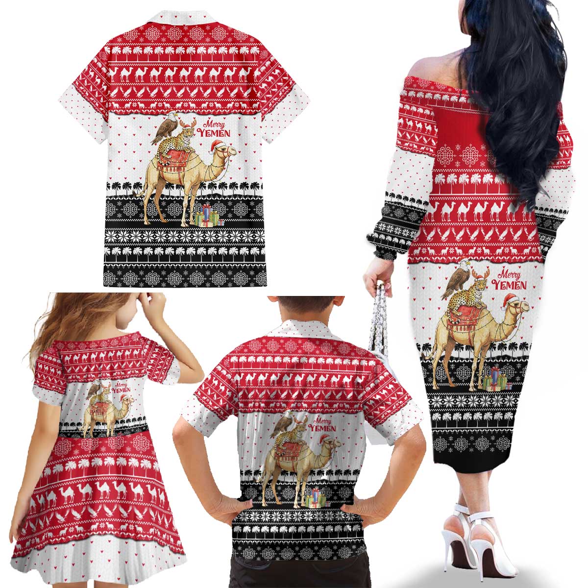 Yemen Christmas Family Matching Off The Shoulder Long Sleeve Dress and Hawaiian Shirt with Camel Leopard Falcon Red Black White Snowflake - Wonder Print Shop