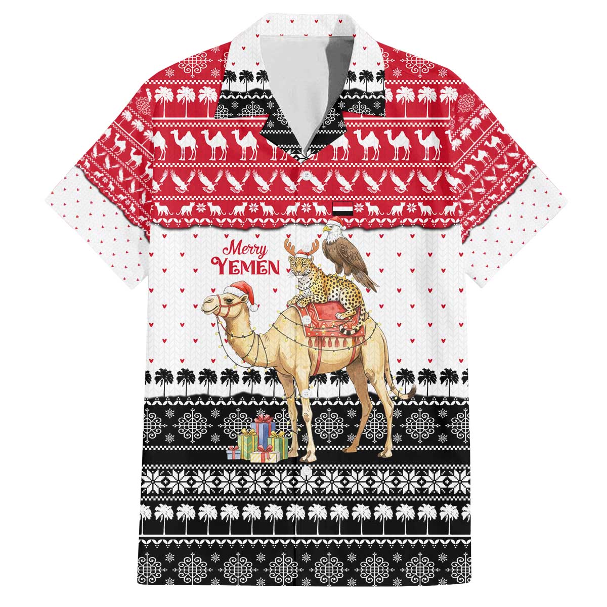 Yemen Christmas Family Matching Off The Shoulder Long Sleeve Dress and Hawaiian Shirt with Camel Leopard Falcon Red Black White Snowflake - Wonder Print Shop