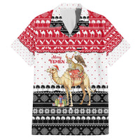 Yemen Christmas Family Matching Off The Shoulder Long Sleeve Dress and Hawaiian Shirt with Camel Leopard Falcon Red Black White Snowflake - Wonder Print Shop