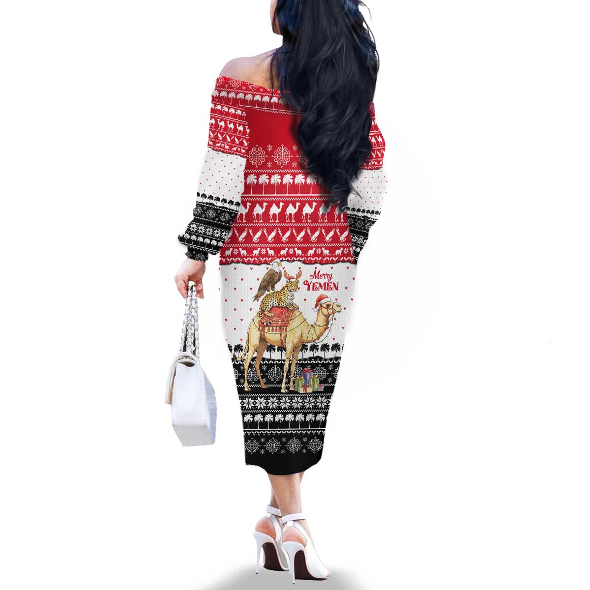 Yemen Christmas Family Matching Off The Shoulder Long Sleeve Dress and Hawaiian Shirt with Camel Leopard Falcon Red Black White Snowflake - Wonder Print Shop