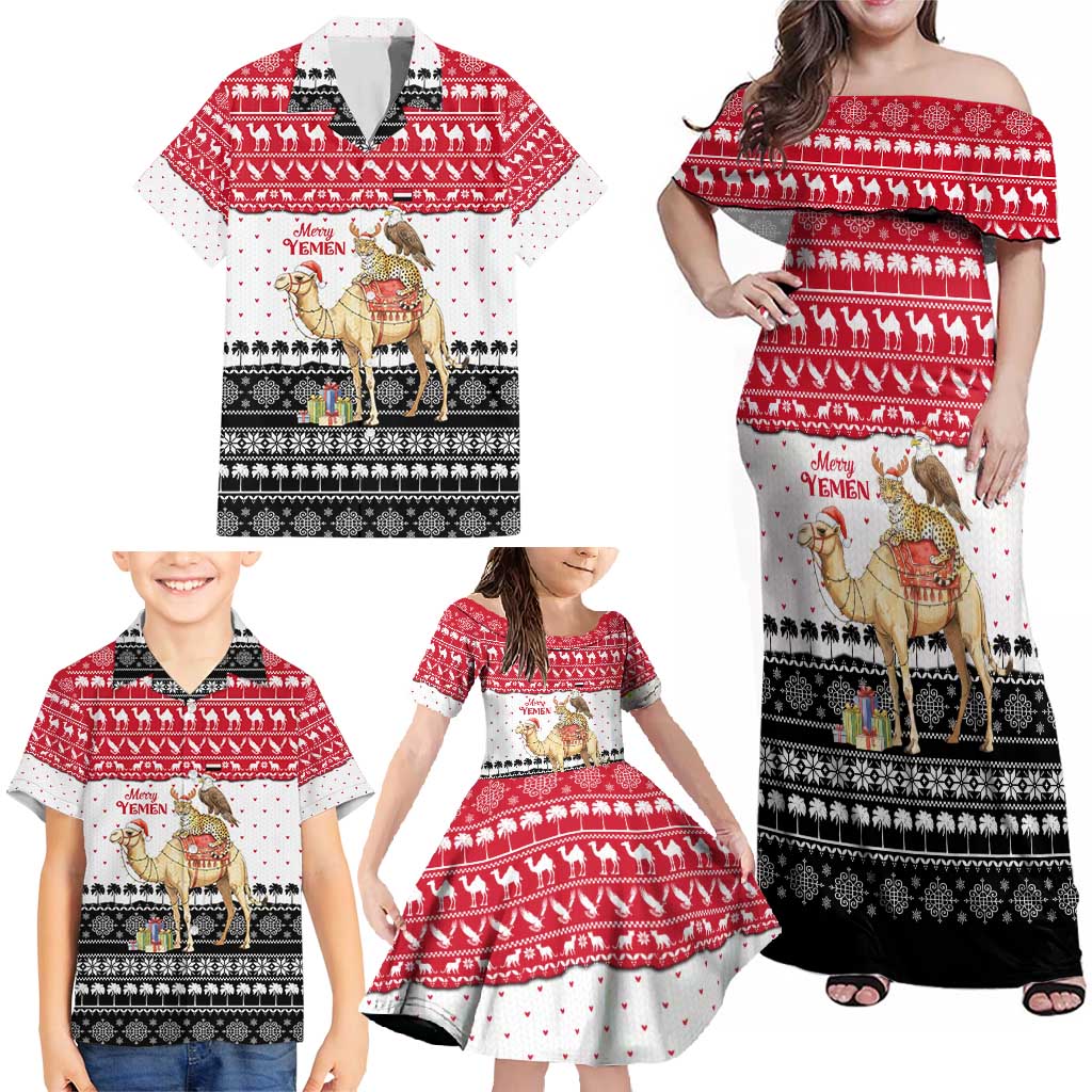 Yemen Christmas Family Matching Off Shoulder Maxi Dress and Hawaiian Shirt with Camel Leopard Falcon Red Black White Snowflake - Wonder Print Shop