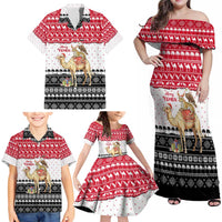 Yemen Christmas Family Matching Off Shoulder Maxi Dress and Hawaiian Shirt with Camel Leopard Falcon Red Black White Snowflake - Wonder Print Shop