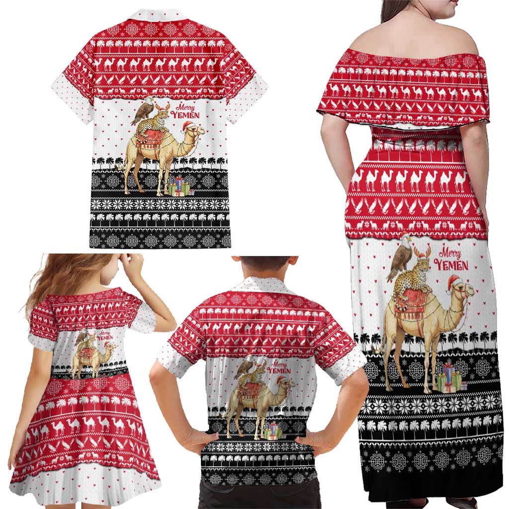 Yemen Christmas Family Matching Off Shoulder Maxi Dress and Hawaiian Shirt with Camel Leopard Falcon Red Black White Snowflake - Wonder Print Shop