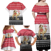 Yemen Christmas Family Matching Off Shoulder Maxi Dress and Hawaiian Shirt with Camel Leopard Falcon Red Black White Snowflake - Wonder Print Shop