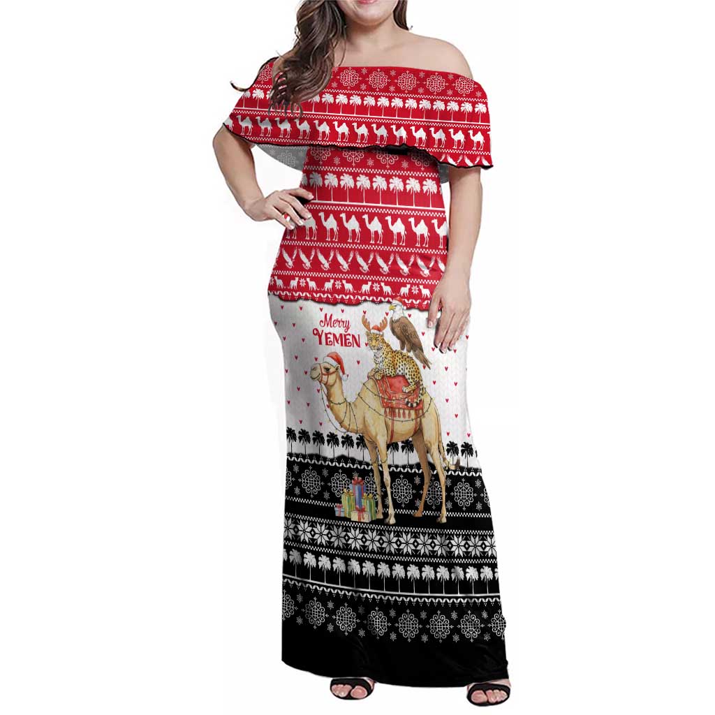 Yemen Christmas Family Matching Off Shoulder Maxi Dress and Hawaiian Shirt with Camel Leopard Falcon Red Black White Snowflake - Wonder Print Shop