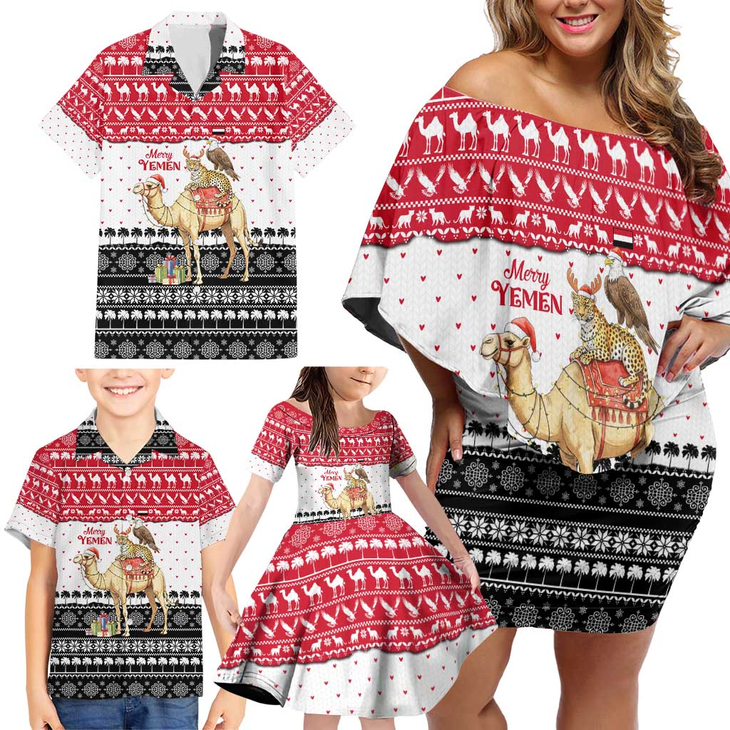 Yemen Christmas Family Matching Off Shoulder Short Dress and Hawaiian Shirt with Camel Leopard Falcon Red Black White Snowflake - Wonder Print Shop
