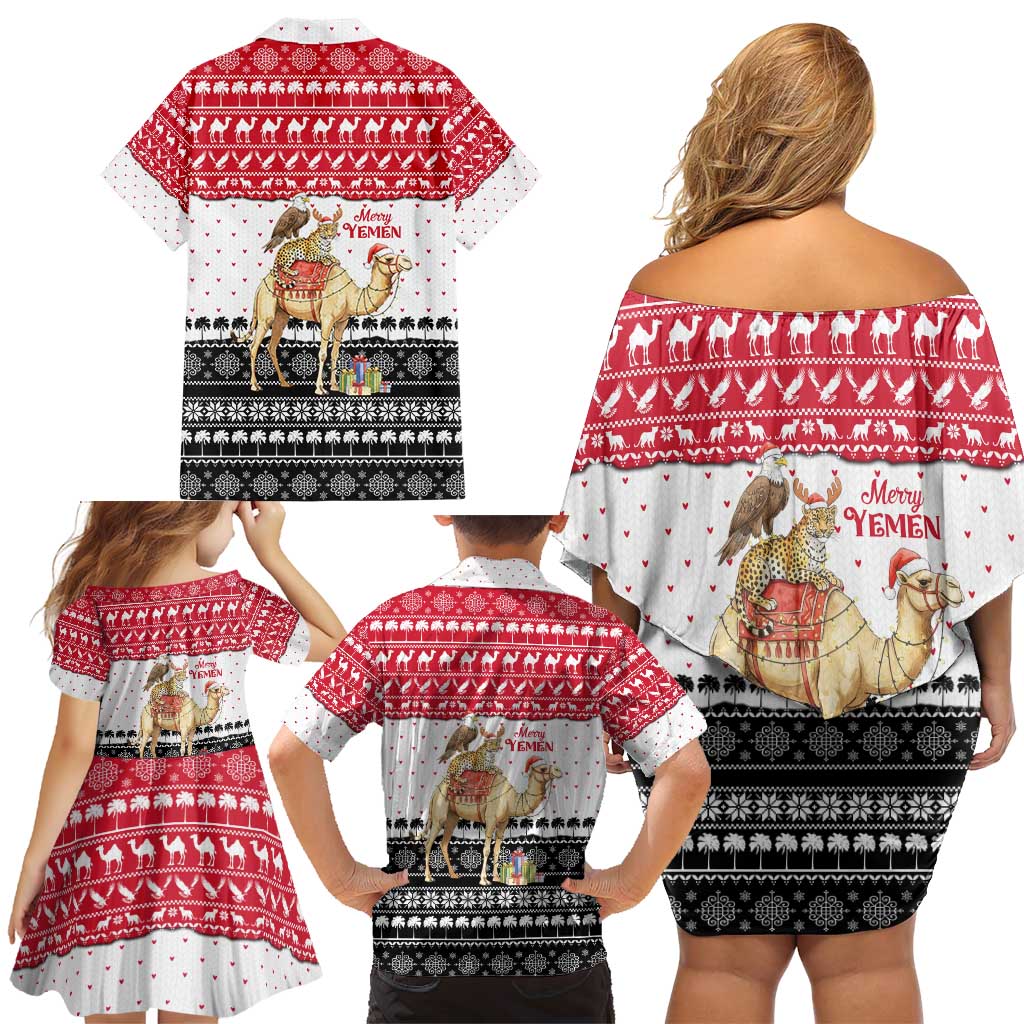 Yemen Christmas Family Matching Off Shoulder Short Dress and Hawaiian Shirt with Camel Leopard Falcon Red Black White Snowflake - Wonder Print Shop