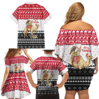 Yemen Christmas Family Matching Off Shoulder Short Dress and Hawaiian Shirt with Camel Leopard Falcon Red Black White Snowflake - Wonder Print Shop