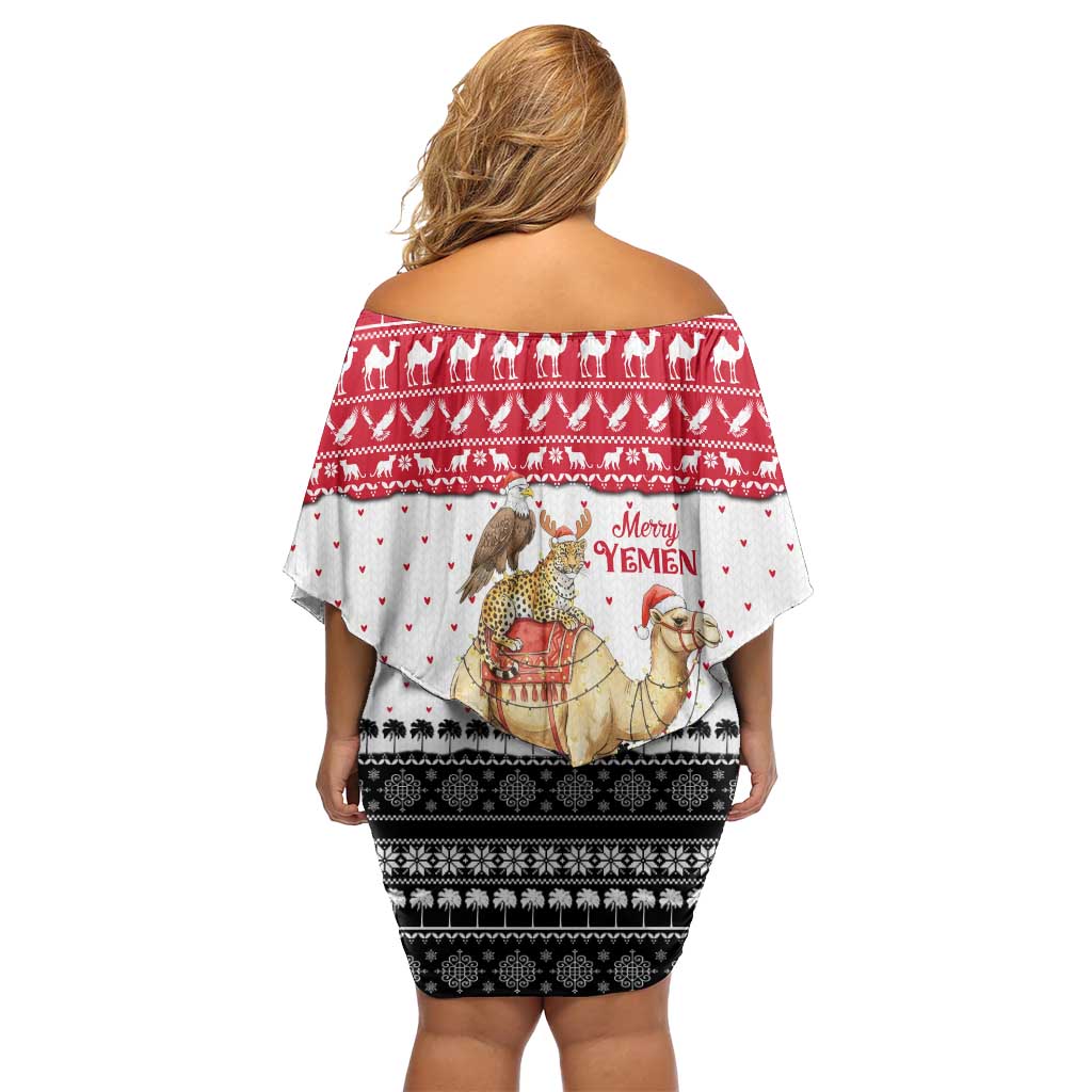 Yemen Christmas Family Matching Off Shoulder Short Dress and Hawaiian Shirt with Camel Leopard Falcon Red Black White Snowflake - Wonder Print Shop