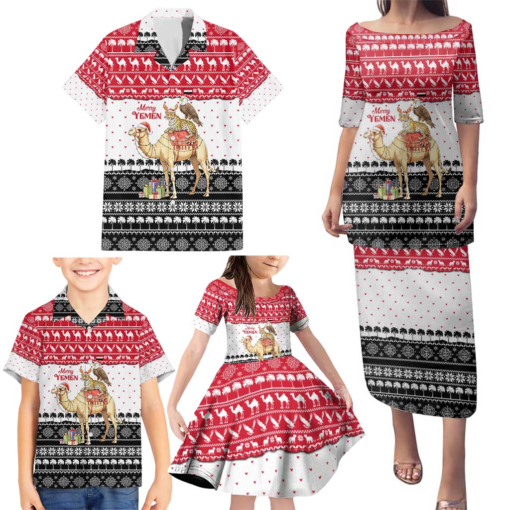 Yemen Christmas Family Matching Puletasi and Hawaiian Shirt with Camel Leopard Falcon Red Black White Snowflake - Wonder Print Shop