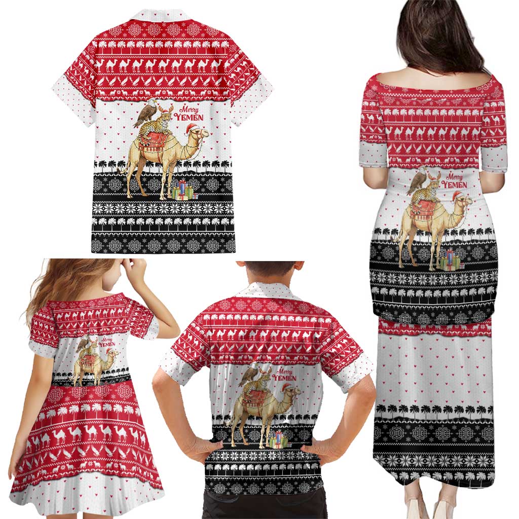 Yemen Christmas Family Matching Puletasi and Hawaiian Shirt with Camel Leopard Falcon Red Black White Snowflake - Wonder Print Shop