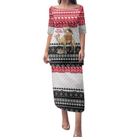 Yemen Christmas Family Matching Puletasi and Hawaiian Shirt with Camel Leopard Falcon Red Black White Snowflake - Wonder Print Shop