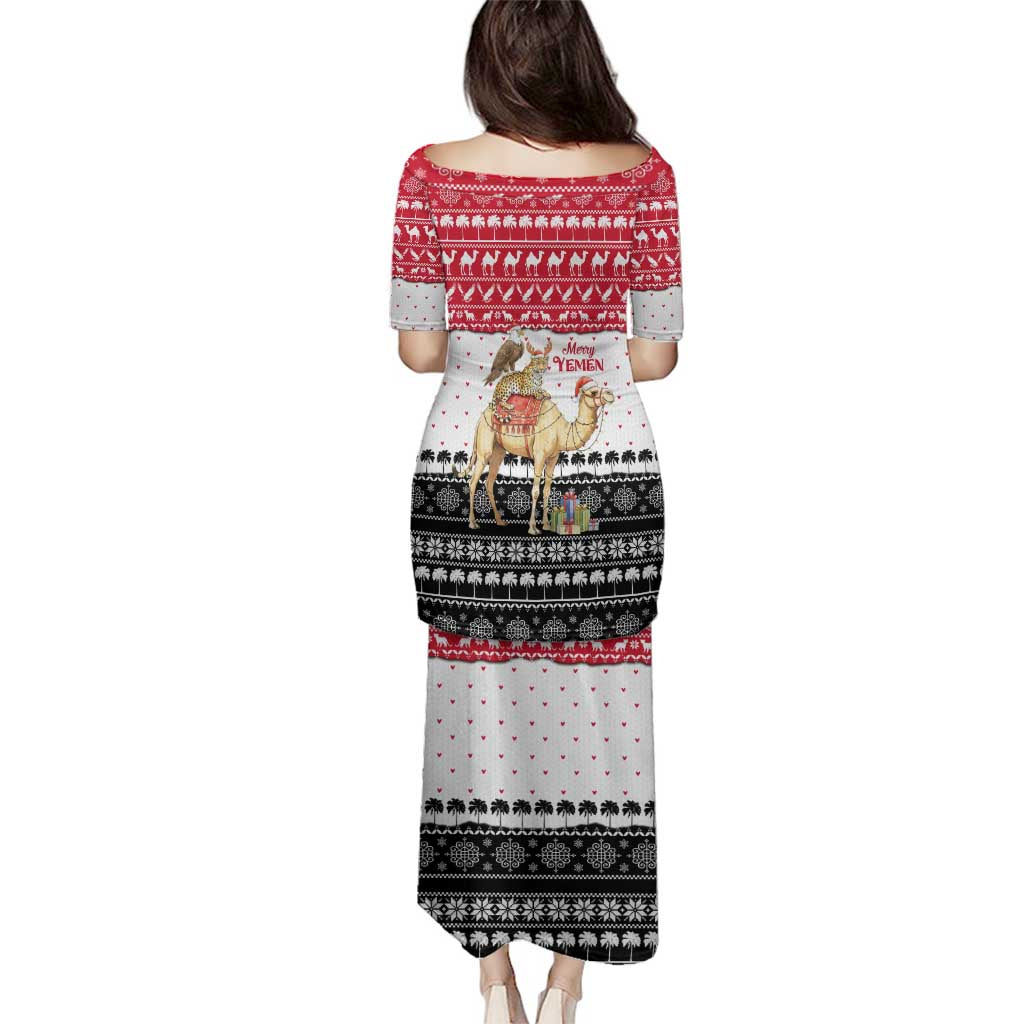 Yemen Christmas Family Matching Puletasi and Hawaiian Shirt with Camel Leopard Falcon Red Black White Snowflake - Wonder Print Shop