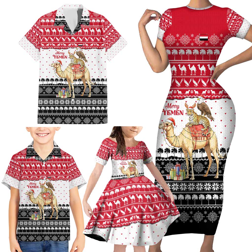 Yemen Christmas Family Matching Short Sleeve Bodycon Dress and Hawaiian Shirt with Camel Leopard Falcon Red Black White Snowflake - Wonder Print Shop