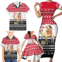 Yemen Christmas Family Matching Short Sleeve Bodycon Dress and Hawaiian Shirt with Camel Leopard Falcon Red Black White Snowflake - Wonder Print Shop